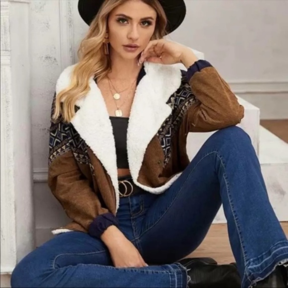 Camel Corduroy shearling line tribal Button Jacket - Picture 7 of 8
